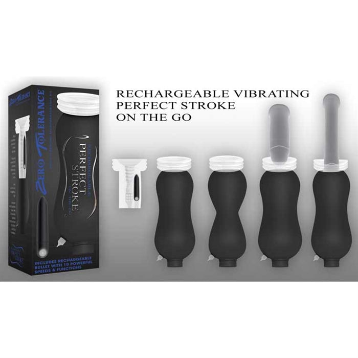 Black packaging next to the white masturbator with a hard black shell and a black vibrating bullet 