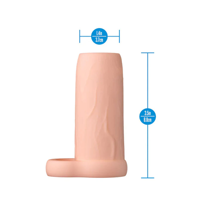 Performance 3.5 Enhancement Sleeve by Blush displayed with product dimensions showing 3.5-inch length and 1.4-inch diameter.