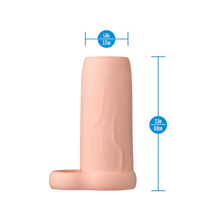 Performance 3.5 Enhancement Sleeve by Blush displayed with product dimensions showing 3.5-inch length and 1.4-inch diameter.