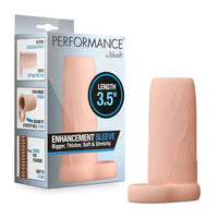 Performance 3.5 Enhancement Sleeve by Blush in skin-tone silicone with open-ended textured design for added girth and support, shown alongside retail packaging.