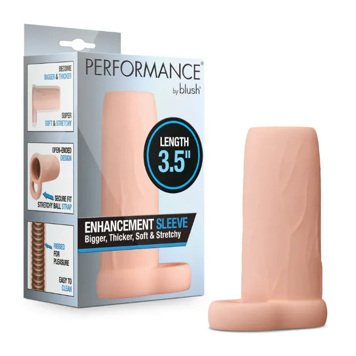 Performance 3.5 Enhancement Sleeve by Blush in skin-tone silicone with open-ended textured design for added girth and support, shown alongside retail packaging.