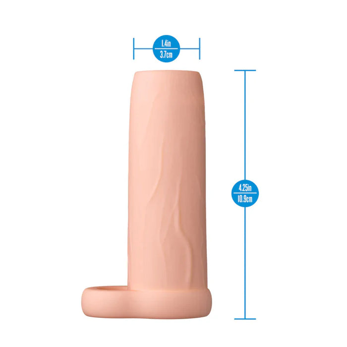 Performance 4.25 Enhancement Sleeve by Blush displayed with product dimensions showing 4.25-inch length and 1.4-inch diameter.