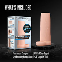 Performance 4.25 Enhancement Sleeve by Blush promotional image showing the included girth-enhancing sleeve with ball strap support and packaging highlighting 4.25-inch length and 1.4-inch thickness.