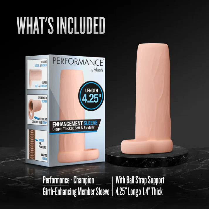 Performance 4.25 Enhancement Sleeve by Blush promotional image showing the included girth-enhancing sleeve with ball strap support and packaging highlighting 4.25-inch length and 1.4-inch thickness.