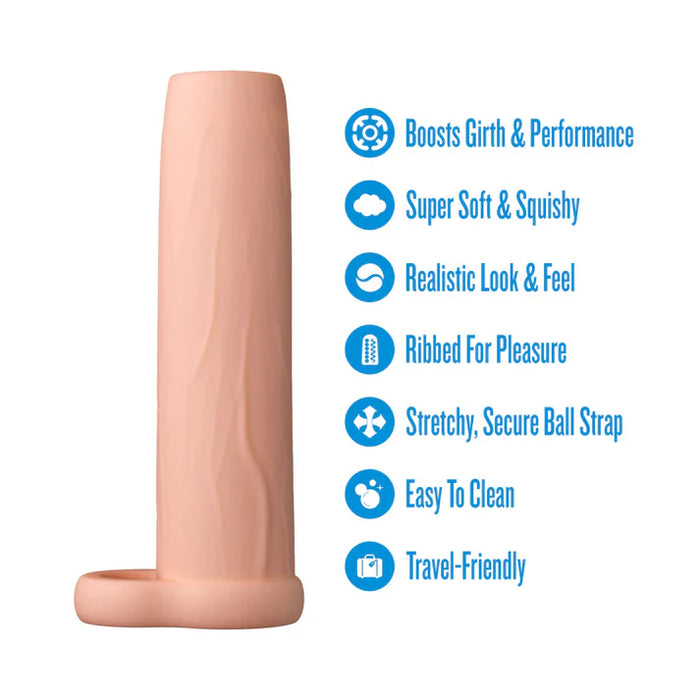 Performance 5.75 Enhancement Sleeve by Blush with feature icons highlighting added girth, soft stretchy texture, realistic feel, ribbed interior, secure ball strap, and easy-to-clean design.