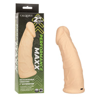 realistic curved penis extention beside box packaging