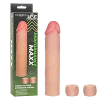realistic hollow penis extention with stoppers beside box packaging