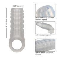 Silicone penis sleeve with text describing features and measurements on a white background