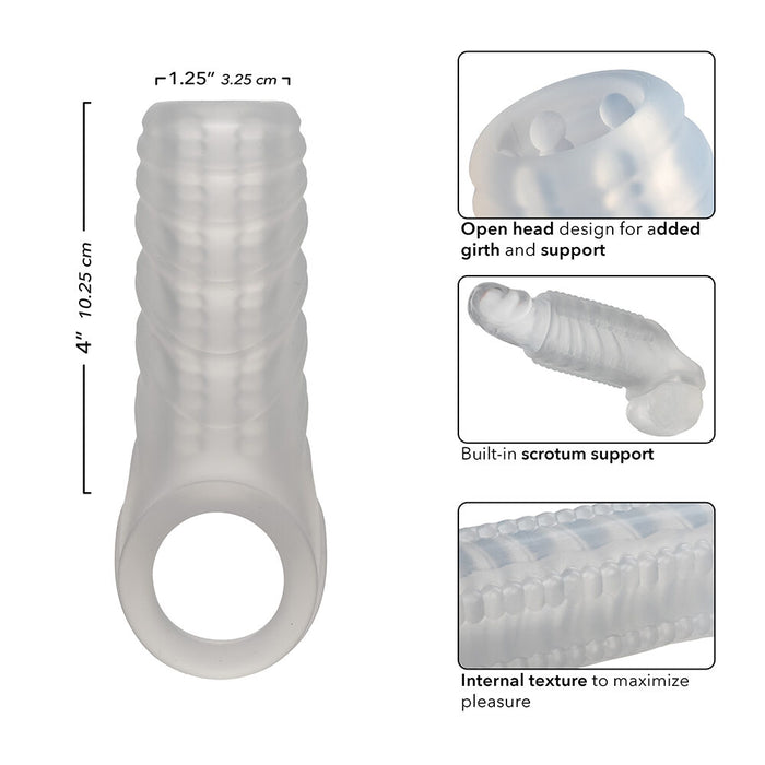 Silicone penis sleeve with text describing features and measurements on a white background