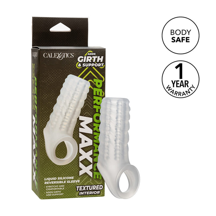 White textured penis sleeve with packaging and branding on a white background