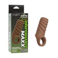 A textured brown liquid silicone reversible sleeve shown next to its green and black retail packaging box, featuring the brand CaleXotics and model Girth & Support Maxx.