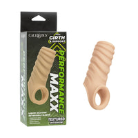 A textured, ribbed liquid silicone reversible sleeve shown next to its retail packaging box. The sleeve is a light beige/nude color, and the box is dark green and black with lime green text.
