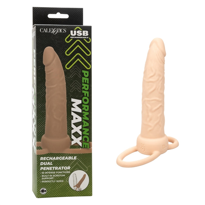 beige strapped double penetrator next to box