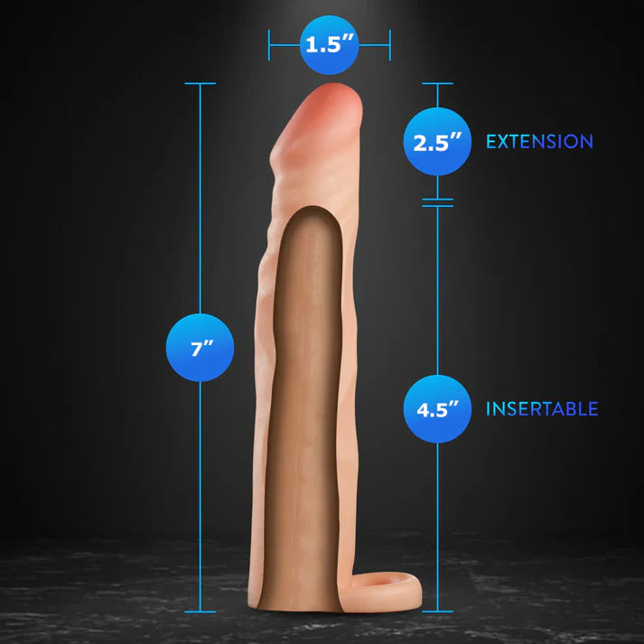 Measurement chart of a penis extender with dimensions labeled on a dark background