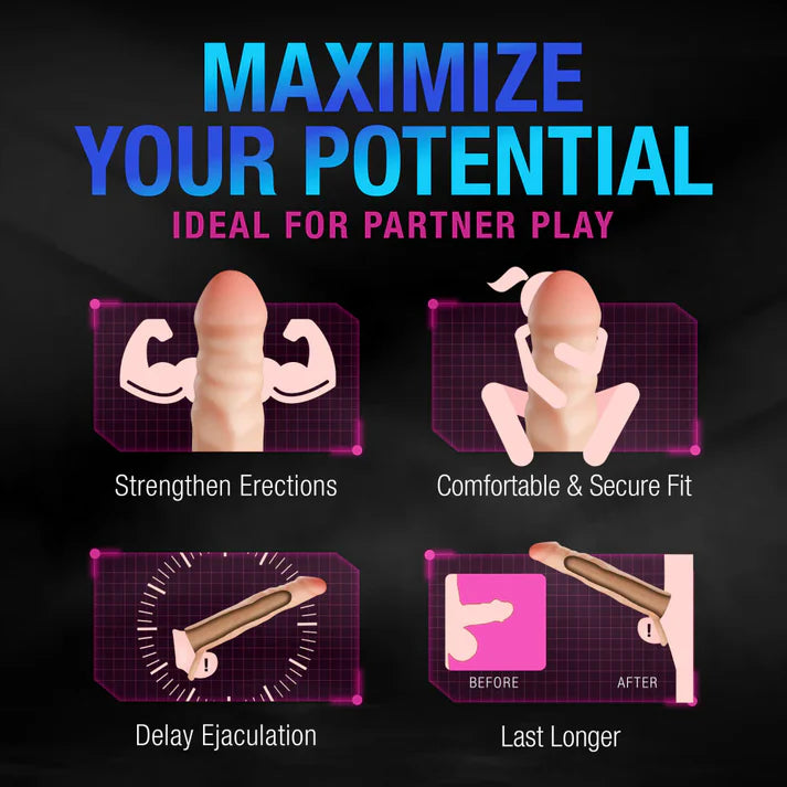 Advertisement for a penis extender designed to enhance sexual performance with text 'Maximize Your Potential' and claims about partner play.
