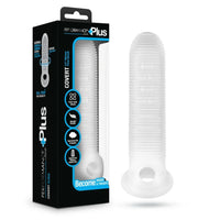 frosted ribbed penis extension beside box packaging