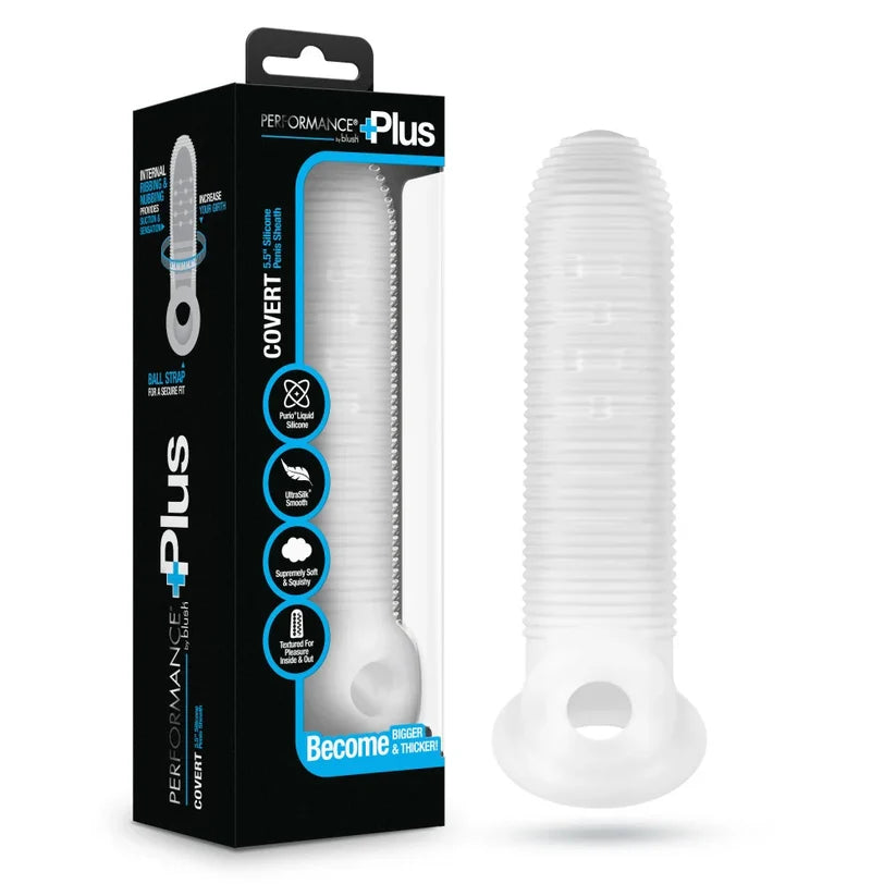 frosted ribbed penis extension beside box packaging