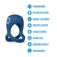 Blue silicone ring with features listed on a white background
