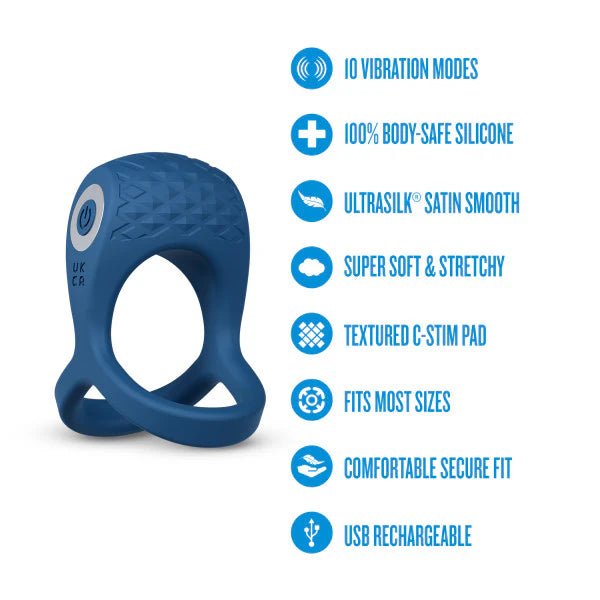 Blue silicone ring with features listed on a white background
