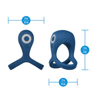 Two blue silicone ring products with measurements on a white background