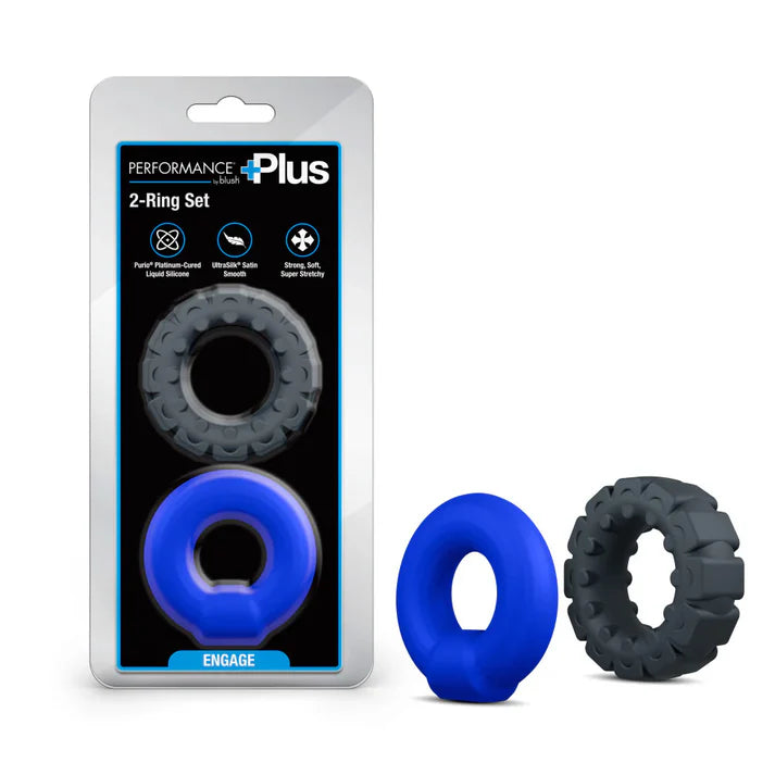 Two silicone cock rings, one blue and one black, with their packaging on a white background.