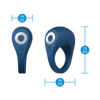 Blue cock ring with power symbol and measurements on a white background