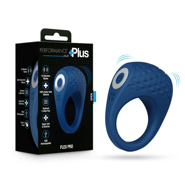 Blue silicone ring with 'Performance Plus' packaging on a white background