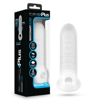 frosted ribbed penis extension beside box packaging