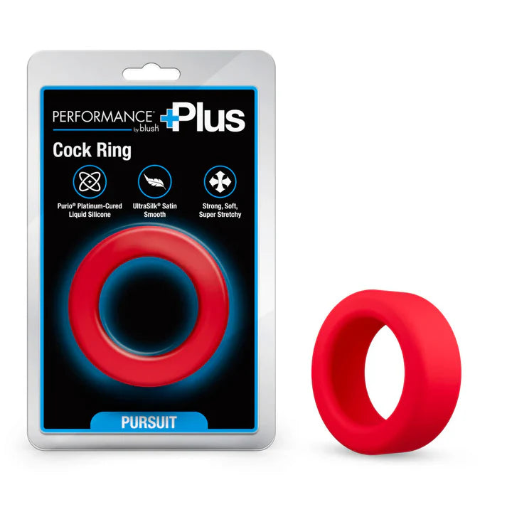 Red cock ring with packaging labeled 'Performance Plus' on a white background