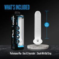 frosted penis extension beside packaging and size chart