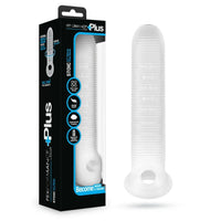 frosted ribbed penis extension beside box packaging