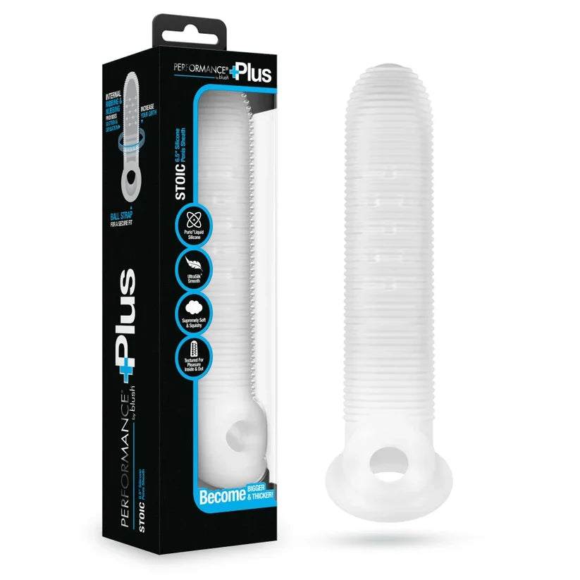 frosted ribbed penis extension beside box packaging