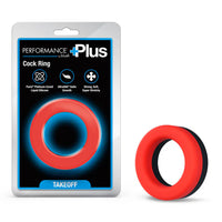 Red cock ring with packaging labeled 'Performance by Blush Plus' on a white background