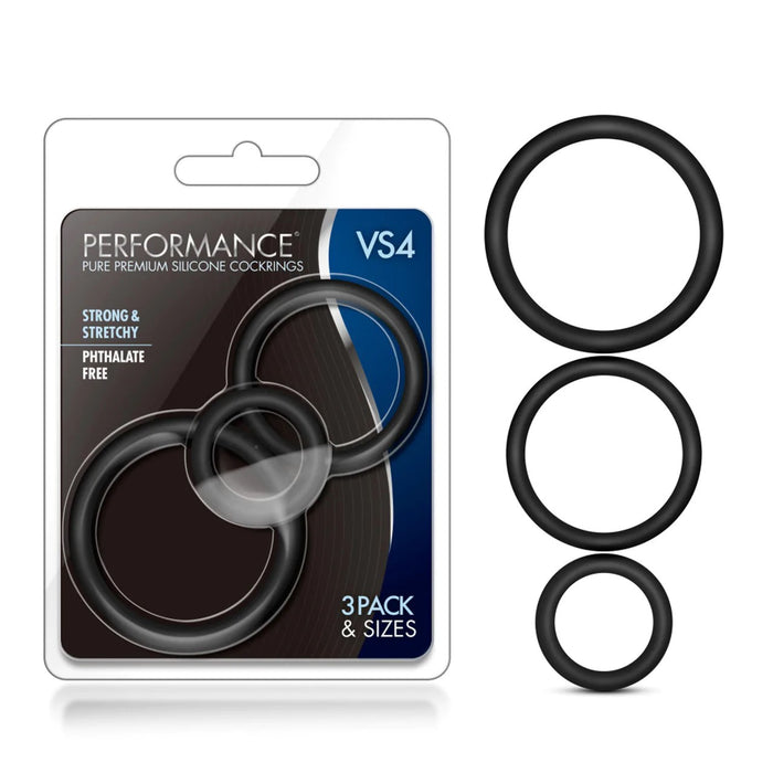 performance package with 3 different sized black silicone cock rings