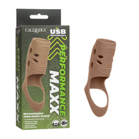 A pair of Cal exotics Performance Maxx USB rechargeable open penis sleeves in a tan color, shown next to their green and black retail packaging box on a white background.