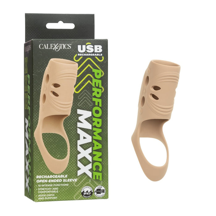 CaleLetics Performance Maxx USB rechargeable open penis sleeve in beige, shown next to its green and black retail packaging box on a white background.