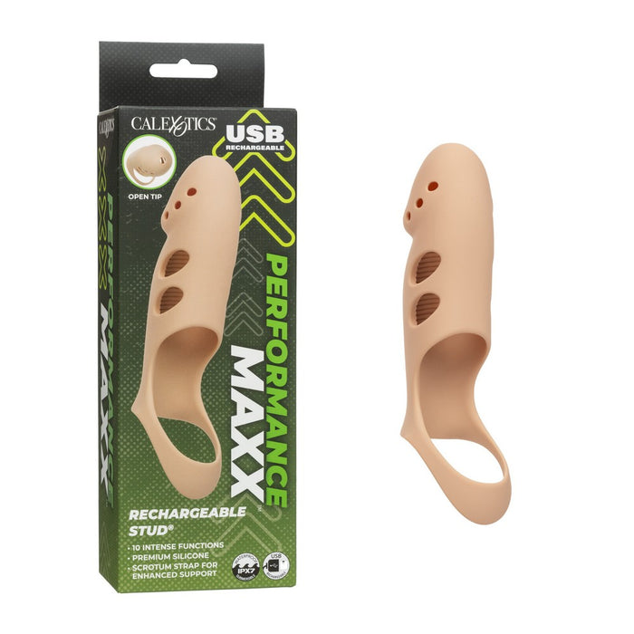 A beige reusable silicone stud penis extension, shown next to its green and black retail packaging box. The packaging features the brand name 'CALEXOTICS' and 'USB RECHARGEABLE PERFORMANCE MAXX'.