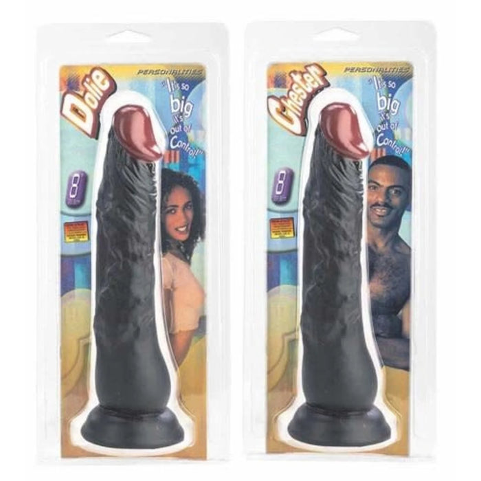 two black penis shaped dildos with a suction cup base shown in their plastic packaging