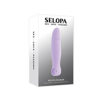 Selopa product packaging with a purple petite pecker finger vibe on a white background