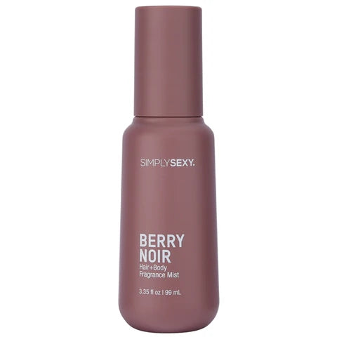Brown bottle of 'Simply Sexy Berry Noir' hair and body fragrance mist on a white background