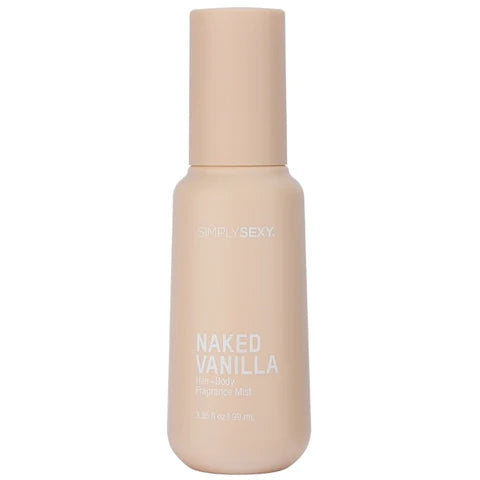 Beige bottle of 'Naked Vanilla' body mists on a white background