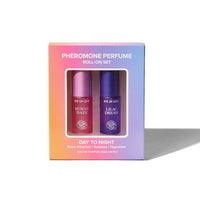 Pheromone perfume roll-on set packaging with two bottles and a gradient background.