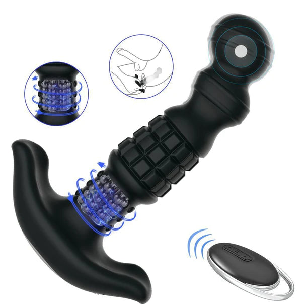 curved and ridged anal probe with spinning beads and remote control