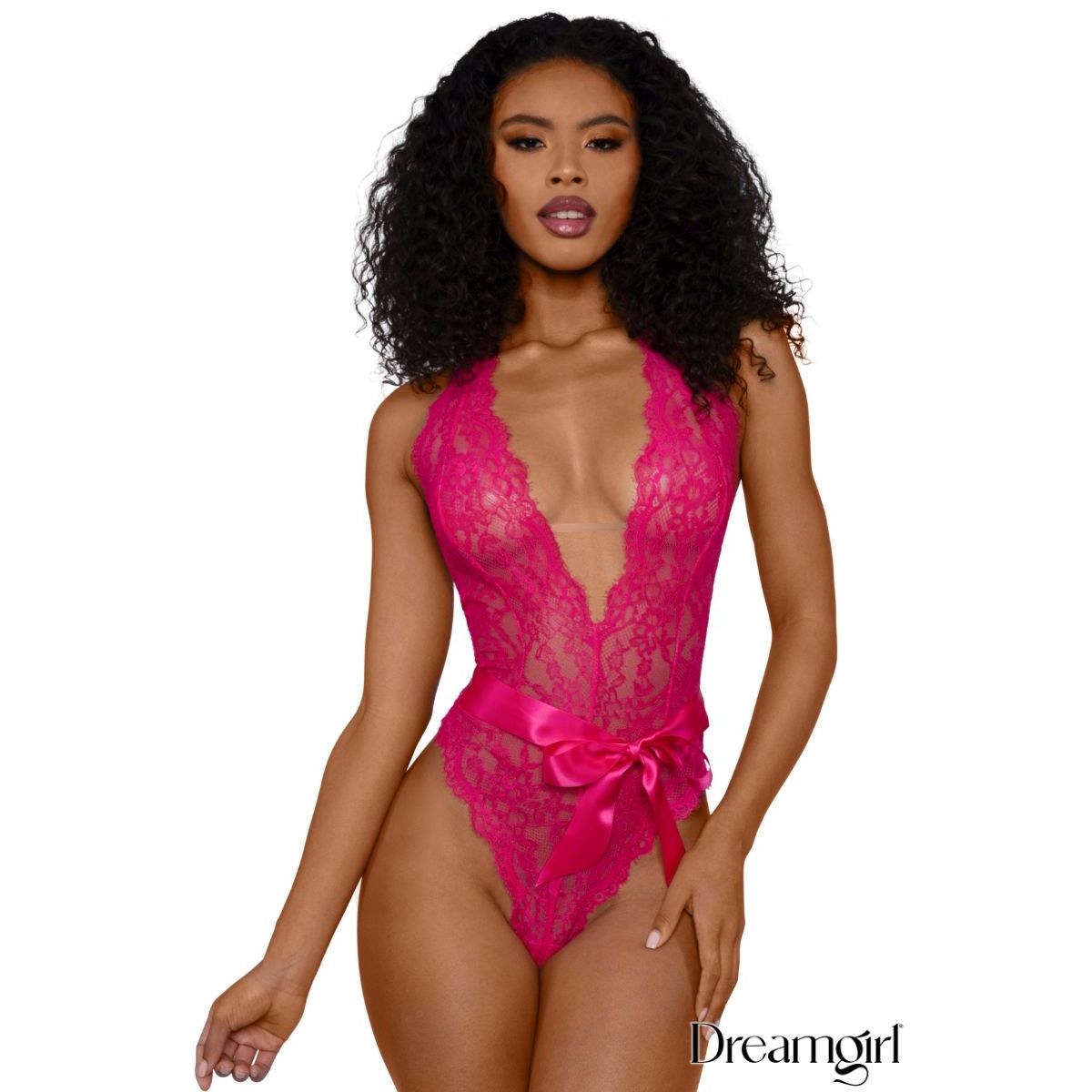 pink lace teddy with waist tie worn by femal model. front view