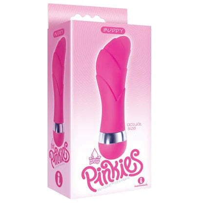 a light pink display box depicting a pink short curved tip vibrator with three ridges along the shaft