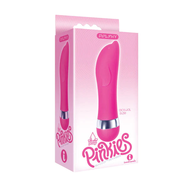 a pink and white display box depicting a pink vibrator that is shaped like the head of a dolphin and a silver band at the cap