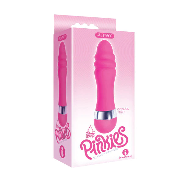 a pink and white box depicting a pink vibrator that has three ridges at the base of the tip and a silver band at the top of the cap