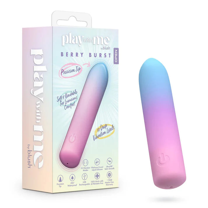 pink, purple, blue ombre vibrating bullet beside box packaging