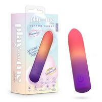 purple, orange, red ombre vibrating bullet beside box packaging. 