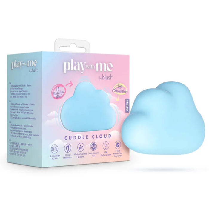 blue cloud shaped massager beside box packaging